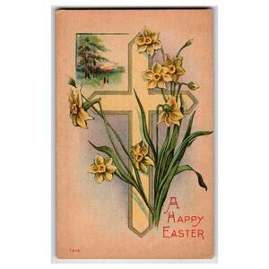 Vintage Easter Postcard Cross Daffodils Landscape Religious Floral Unposted